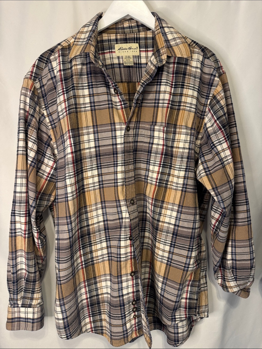 Eddie Bauer Men's Tan and White Plaid Button-Down Shirt men’s medium.